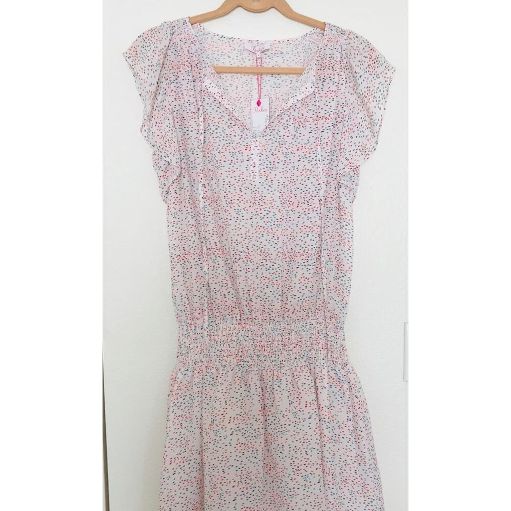 Parker New York Pink Dottie Print Silky Smocked Mini Dress Flutter Sleeve NWT - Picture 5 of 9
